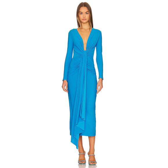 Solace London Lorena Midi Dress Ruched Knotted Draped Long Sleeve Azure Size 2 - Picture 2 of 12
